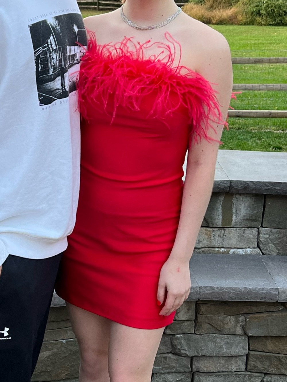 Alyce Paris Red Strapless Feather Mini Dress